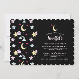 お洒落月、星、雲の黒い誕生日 招待状