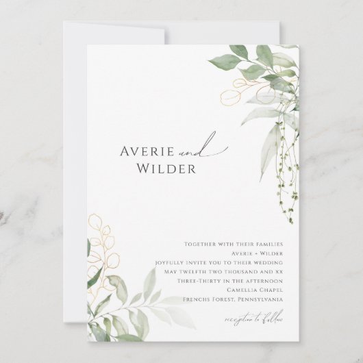 お洒落植物と金ゴールド結婚の 招待状 (正面)