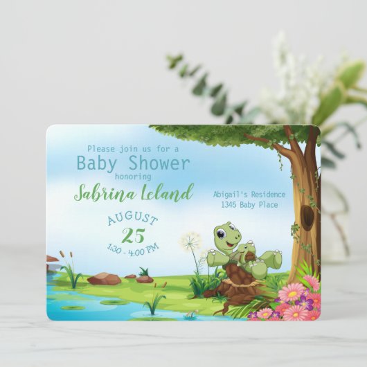 お洒落母とベビー亀の動物の赤ちゃんシャワー 招待状 (スタンド正面)