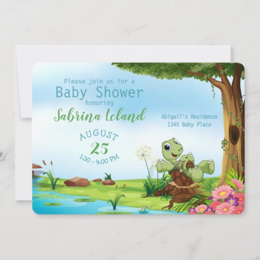 お洒落母とベビー亀の動物の赤ちゃんシャワー 招待状 (正面)