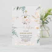 お洒落水彩桃色フローラ金ゴールド洗礼 招待状 (スタンド正面)