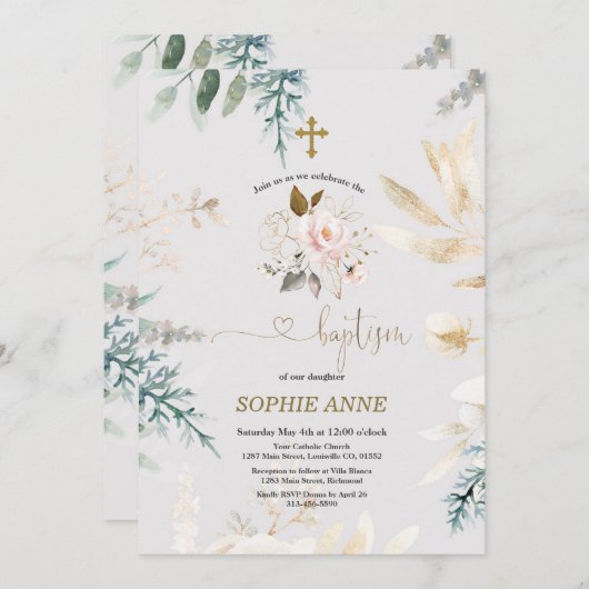 お洒落水彩桃色フローラ金ゴールド洗礼 招待状 (正面/裏面)