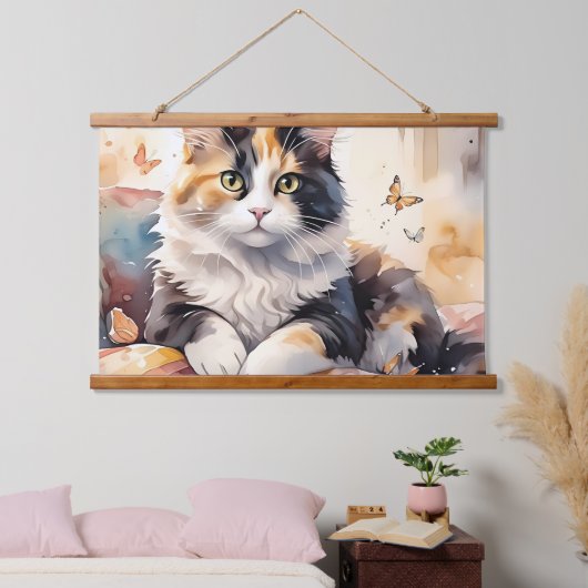 お洒落水彩毛猫と蝶 吊り下げ型タペストリー (寝室)