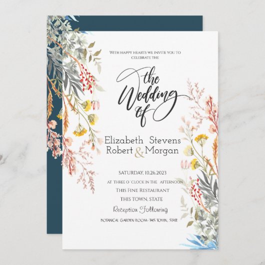 お洒落水彩野草結婚式招待状 招待状 (正面/裏面)