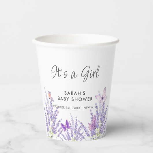 お洒落牧草地ラベンダーバタフライベビーシャワー 紙コップ (正面)