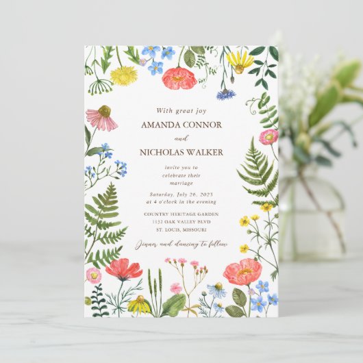 お洒落牧草地ワイルドフラワー結婚式招待状 招待状 (スタンド正面)
