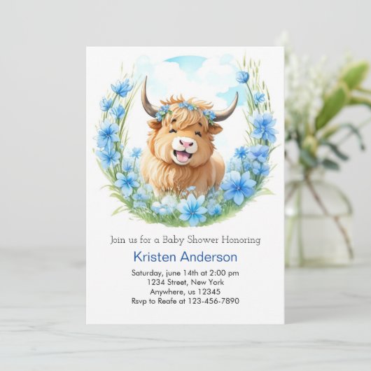 お洒落牧草地牛の男の子の赤ちゃんシャワー 招待状 (スタンド正面)