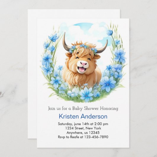 お洒落牧草地牛の男の子の赤ちゃんシャワー 招待状 (正面/裏面)