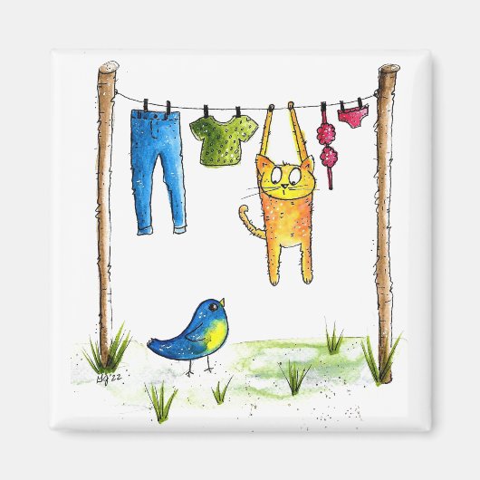 お洒落物干しの猫 マグネット (正面)