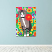 お洒落白猫と紅花 キャンバスプリント (インサイチュ (ウッドフロア))