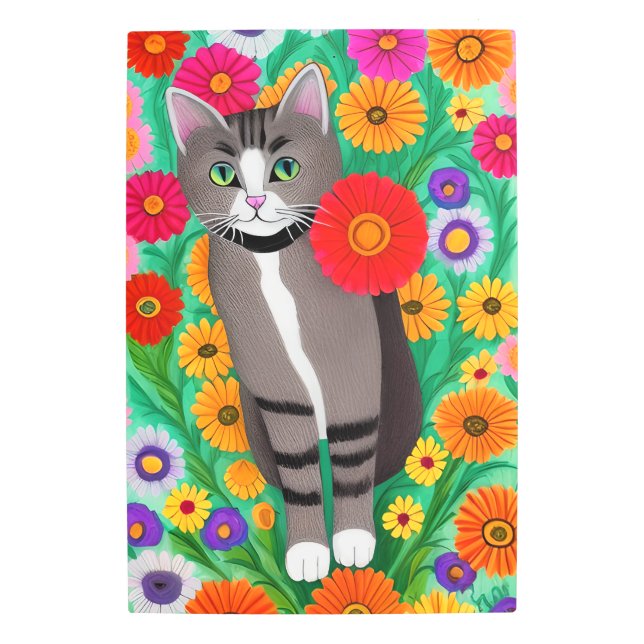 お洒落白猫と紅花 メタルプリント (正面)