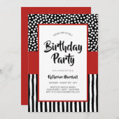 お洒落白黒と赤誕生日 招待状 (正面/裏面)