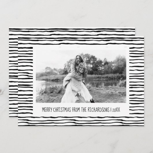 お洒落白黒ストライプ写真クリスマス シーズンカード (正面/裏面)