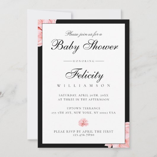 お洒落白黒水玉模様フローラベビーシャワー 招待状 (正面)