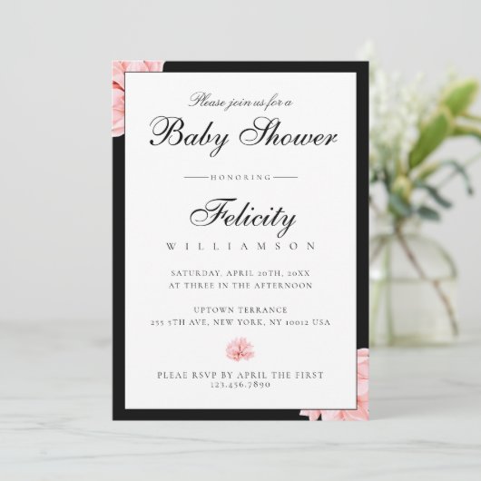 お洒落白黒水玉模様フローラベビーシャワー 招待状 (スタンド正面)