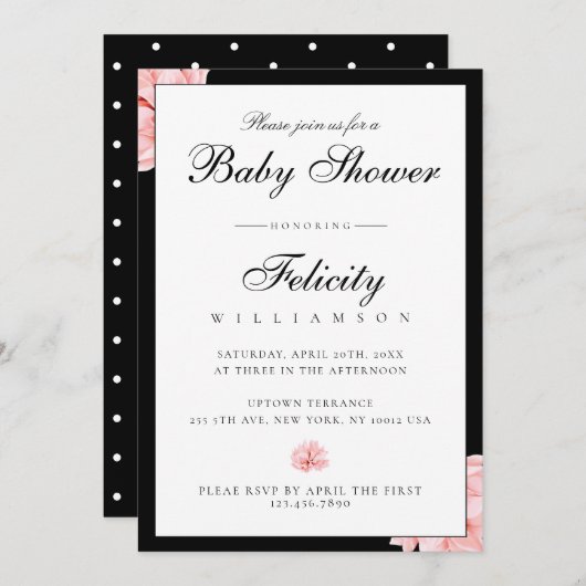 お洒落白黒水玉模様フローラベビーシャワー 招待状 (正面/裏面)