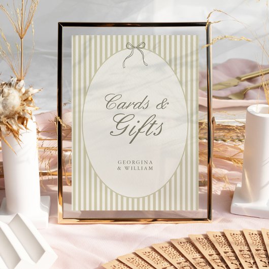 お洒落結婚ストライプグリーンのカードとギフトのサイン