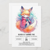 お洒落絵を描キツネ誕生日 招待状 (正面/裏面)