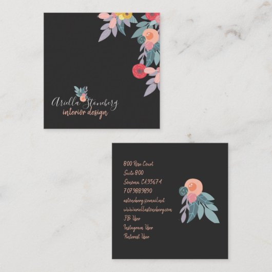 お洒落絵を描開花 |黒のフローラ スクエア名刺 (正面/裏面)