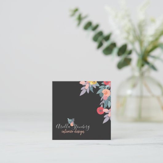 お洒落絵を描開花 |黒のフローラ スクエア名刺 (スタンド正面)