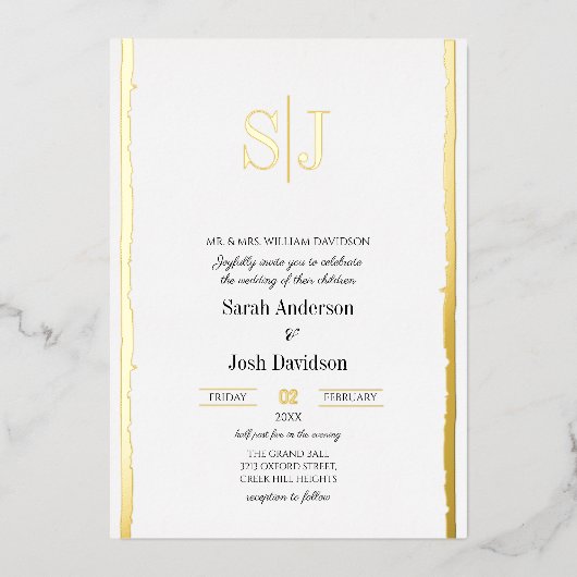 お洒落縁どシンプルホワイトモノグラム結婚ズ 箔招待状 (正面)