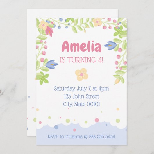 お洒落自然子供の誕生日パーティの招待状 招待状 (正面/裏面)