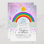 お洒落色彩の鮮やかレインボー&スターズ第1回1誕生日 招待状 (正面/裏面)