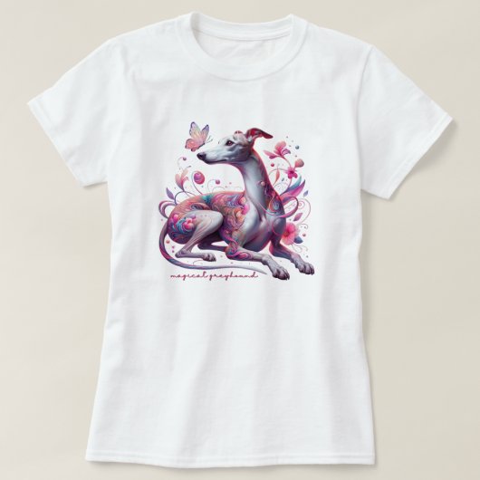 お洒落花と蝶のグレイハウンド Tシャツ (デザイン正面)