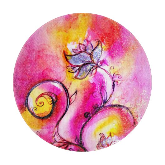 お洒落花ブルーピンク黄色フローラファンタジー カッティングボード (正面)