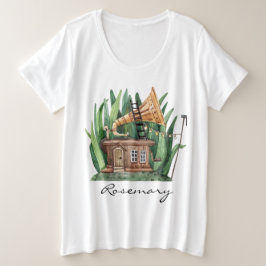 お洒落蓄音機童話ハウスウォーターカラー プラスサイズTシャツ