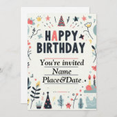 お洒落誕生日招待状-カラフルパーティー 招待状 (正面/裏面)