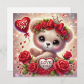 お洒落赤いハート付きバレンタインのテディベア シーズンカード (正面/裏面)