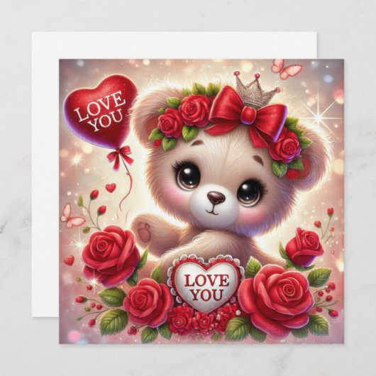 お洒落赤いハート付きバレンタインのテディベア シーズンカード (正面/裏面)