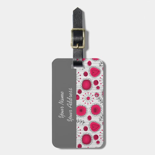 お洒落赤と白ハートフローラ ラゲッジタグ (正面縦)