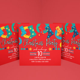 お洒落赤のクリスマスソックス交換パーティー 招待状