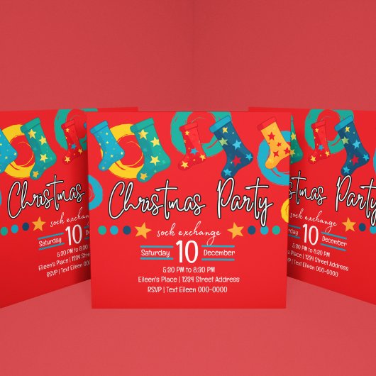 お洒落赤のクリスマスソックス交換パーティー 招待状