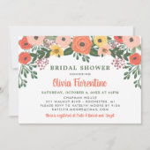 お洒落赤面コーラル結婚フローラブライダルシャワー 招待状 (正面)