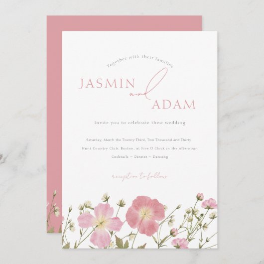 お洒落赤面ピンクワイルドフラワー結婚ズ 招待状 (正面/裏面)