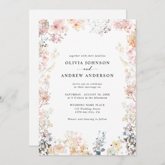 お洒落野エレガントモダンフローラ結婚ズ 招待状 (正面/裏面)