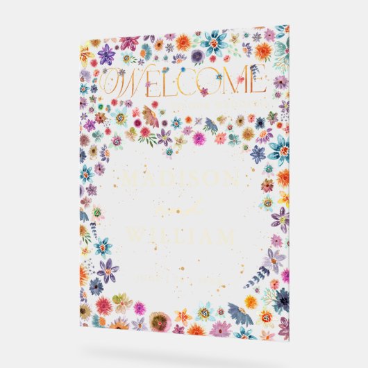 お洒落野花ハートへようこそ結婚 アクリルサイン (傾斜)