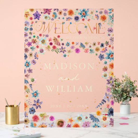 お洒落野花ハートへようこそ結婚 アクリルサイン (ウェディング)