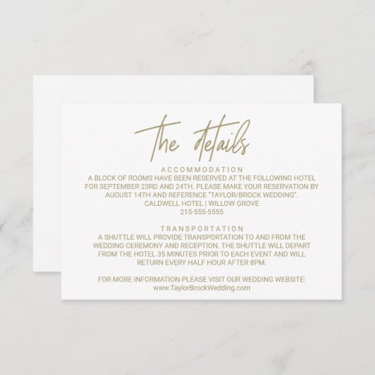 お洒落金ゴールド書道結婚詳細カード エンクロージャーカード (正面/裏面)