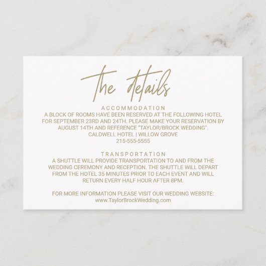 お洒落金ゴールド書道結婚詳細カード エンクロージャーカード (正面)