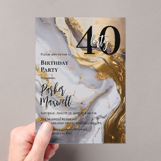 お洒落金ゴールド | ホワイトマーブルモダン40誕生日パーティー アクリル招待状 (インサイチュ (ポータブル))