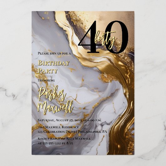 お洒落金ゴールド | ホワイトマーブルモダン40誕生日パーティー 箔招待状 (正面)