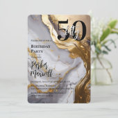 お洒落金ゴールド | ホワイトマーブルモダン50誕生日パーティー 招待状 (スタンド正面)