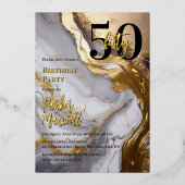 お洒落金ゴールド | ホワイトマーブルモダン50誕生日パーティー 箔招待状 (正面)