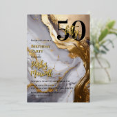 お洒落金ゴールド | ホワイトマーブルモダン50誕生日パーティー 箔招待状 (立ち正面)