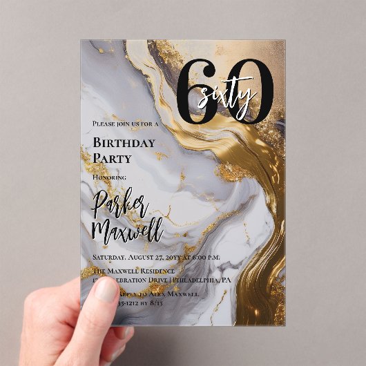 お洒落金ゴールド | ホワイトマーブルモダン60誕生日パーティー アクリル招待状 (インサイチュ (ポータブル))