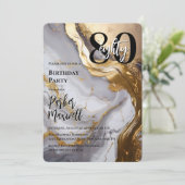 お洒落金ゴールド | ホワイトマーブルモダン80誕生日パーティー 招待状 (スタンド正面)